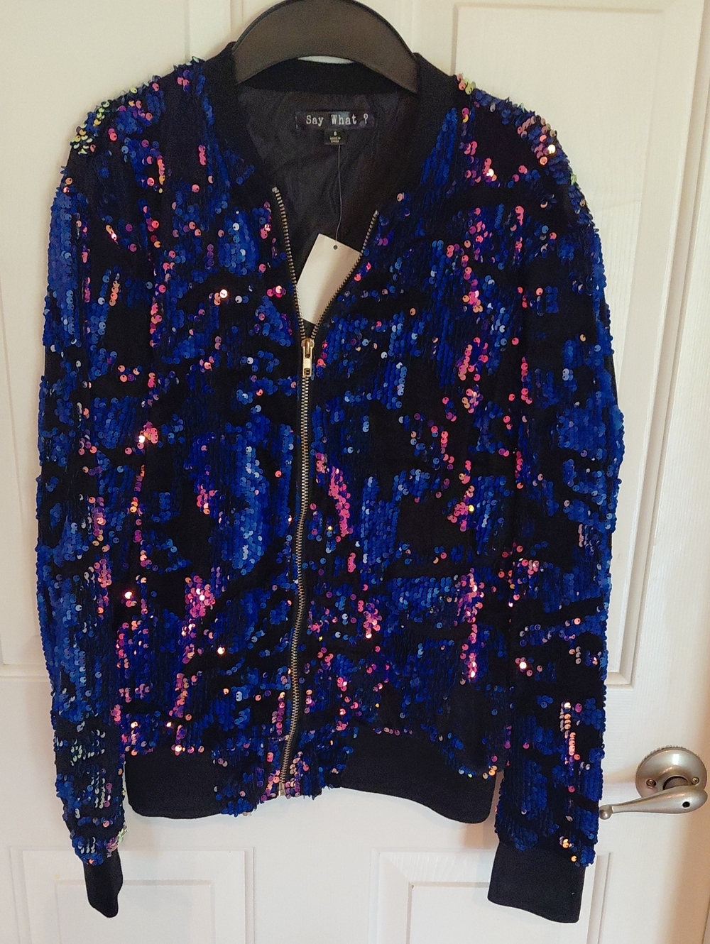 Say What? Blue and Black Sequin Bomber Jacket